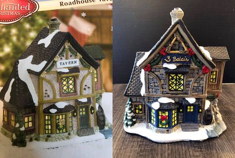 Homemade Christmas village. I transformed old christmas house into the Harry Potter theme, inspired by Hogsmeade and Diagon Alley. The small add-ons are simply made in hot glue aind painted ;) Harry Potter Christmas Village, Hp Christmas, Goth House, Goth Houses, Harry Potter Christmas, Diagon Alley, Harry Potter Theme, Harry Potter Diy, Old Christmas