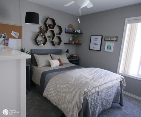 Decorating for Boy Bedrooms | Grey Bedroom Ideas | TodaysCreativeLife.com Youth Bedroom Ideas Boy Rooms, Joeys Apartment, Young Adult Male Bedroom Ideas, Bedroom Ideas For Young Man, Boys Bedroom Grey, Young Mans Bedroom, Grey Boys Rooms, Thomas Bedroom, Men's Bedroom Design