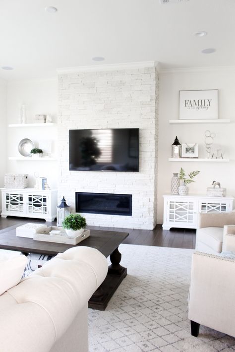 Shelf Decor Living Room, Fireplace Built Ins, Living Room Shelves, Home Fireplace, Living Room Tv Wall, Living Room Remodel, Room Remodeling, White Furniture, Built In Shelves