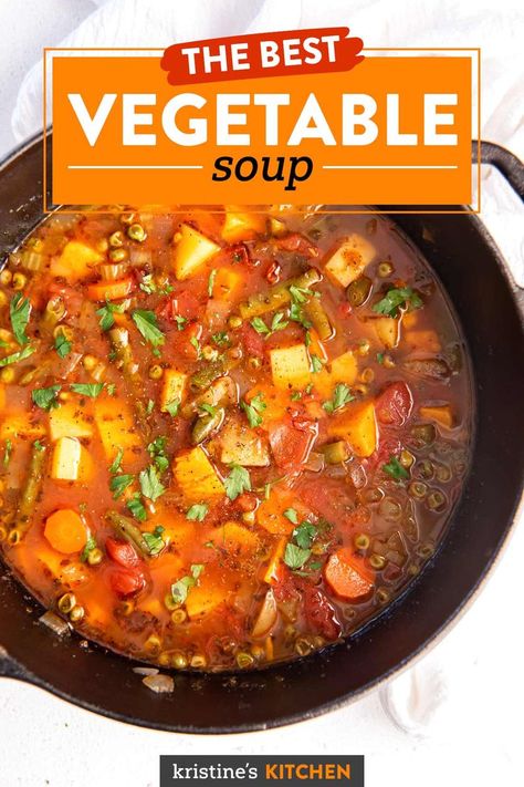 The BEST Vegetable Soup! This homemade Vegetable Soup is easy to make, hearty and healthy. One of our favorite vegetarian dinner ideas and a favorite comfort food. The Best Vegetable Soup Ever, Good Vegetable Soup Recipes, We Vegetable Soup, Vegetable Soup With Rice Recipe, Tomato And Vegetable Soup, Soups With Lots Of Veggies, Hearty Vegetables Soup, Quick Vegetable Soup Recipes, Meatless Vegetable Soup Recipe