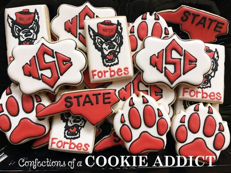 North Carolina State University Cookies NCSU Cookies Wolfpack Cookies Nc State Cookies Decorated, Nc State Cookies, Nc State Graduation Cake, Nc State Graduation Party, Nc State Cake, Groomsmen Cake, Phd Party, Groomsman Cake, Grad Cookies