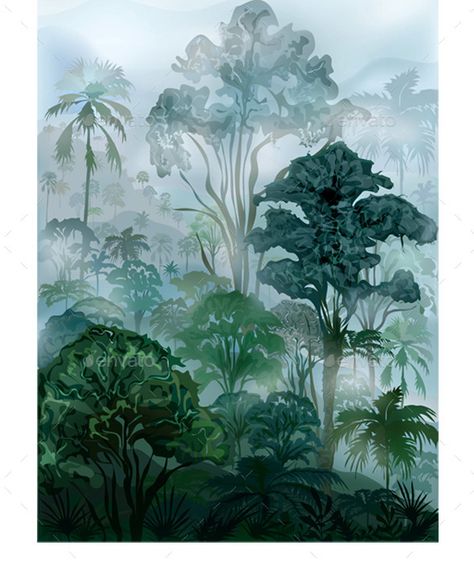 Tropical Rainforest by dracozlat misty wet wilderness rainforest. Vector landscape Amazon Rainforest Illustration, Tropical Rainforest Painting, Tropical Island Drawing, Rainforest Tattoo, Tropical Landscape Painting, Rainforest Illustration, Jungle Watercolor, Jungle Painting, Vector Landscape