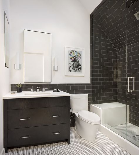 Black subway tile Bathroom Shower and walls | Joe McGuire Design Bathroom Tub Shower Combo, Black Tile Bathrooms, Mens Bathroom, Subway Tile Showers, Subway Tiles Bathroom, Bathroom Tub Shower, White Bathroom Tiles, Camper Renovation, Bathroom Shower Tile