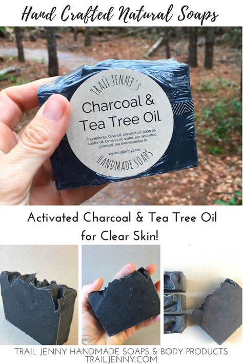 Handmade Charcoal and Tea Tree Oil Soap is excellent for the skin. With Activated Charcoal, Tea Tree Oil, and Tamanu Oil this soap will help you get smooth and clear skin. Charcoal binds to dirt and oil and pulls it out of pores, leaving skin clean and refreshed. Tea tree oil can be used as an effective anti-viral and anti-fungal home remedy; it also has antiseptic properties. Tamanu Oil is said to have healing properties when used on the skin. This soap works best for combination to oily skin. Tea Tree Soap Recipe, Dial Soap And Tea Tree Oil, Eucalyptus Melt And Pour Soap, Tea Tree Oil Benefits, Tea Tree Oil Soap, Tea Tree Oil Face, Charcoal Facial Soap, Acne Soap, Tea Tree Oil For Acne