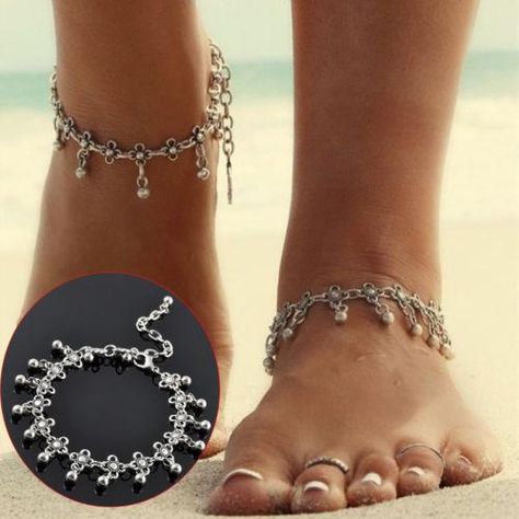 Foot Jewelry Women Foot Chain Ankle Anklet Bracelet Sandal Summer Beach High… Tassel Anklet, Silver Chain Anklet, Anklet Silver, Bali Jewelry, Barefoot Sandal, Silver Anklet, Anklets Boho, Beach Anklets, Turquoise Jewelry Native American