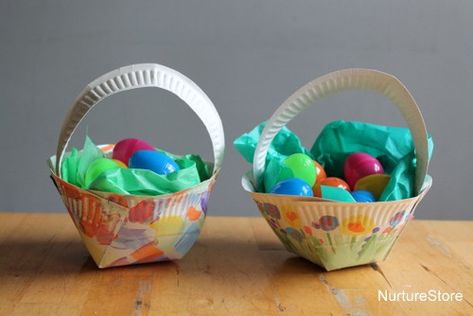 Easter basket craft using paper plate Paper Plate Basket, Homemade Easter Baskets, Easter Paper Crafts, Easter Basket Crafts, Preschool Easter, Easter Plates, Easter Arts And Crafts, Paper Plate Crafts For Kids, Easter Door Decor