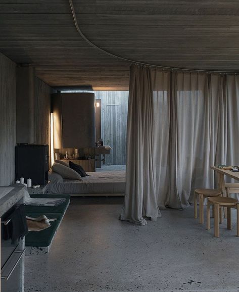 Loft Curtains, Concrete Home Design, Concrete Apartment, Concrete Room, Concrete Interior Design, Wild Gardens, Elevated House, Forest Clearing, Concrete Interiors