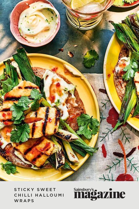 Salty, sturdy halloumi really comes into its own when barbecued. Team it with lime, sweet chilli and coriander for these crowd-pleasing wraps. Get the Sainsbury's magazine recipe today. Wimbledon Recipes, Halloumi Recipes, Spring Dinners, Vegetarian Wraps, Magazine Recipe, Vegetarian Bbq, Spring Dinner, Sweet Chilli Sauce, Sweet Chilli