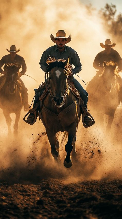 Download 'Intense cowboy gallop' - Cowboys charge forward on horses through a cloud of dust at sunset, embodying the essence of the Wild West. - Get this free stock photo and more high-quality images on StockCake. No attribution required. Cowboys And Horses, Cowboy On A Horse, Cowboy Pictures, Real Cowboys, Horse Galloping, Horse Pics, Cowboy Horse, Western Life, Cowboy Art