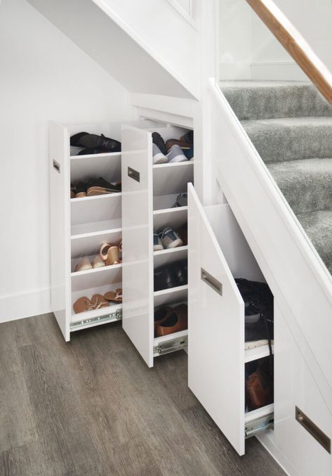 Shoe Rack Under Stairs, Shoe Storage Under Stairs, Stairs Storage Drawers, Easy Shoe Storage, Cabinet Under Stairs, Shoe Storage Drawers, Under Stairs Storage Solutions, Stair Nook, Space Under Stairs