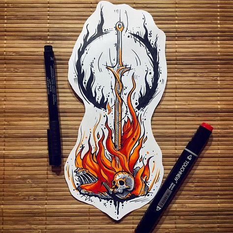 Dark Souls Bonfire Tattoo, Bonfire Tattoo, Dark Souls Bonfire, Dark Souls Tattoo, Gothic Tattoos, Dark Souls Artwork, Gamer Tattoos, Medieval Tattoo, Soul Tattoo