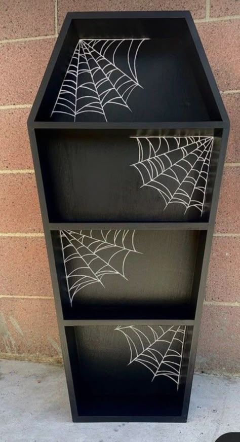 Gothic Shelf Diy, Spooky Home Decor Diy, Goth Shelves, Cardboard Coffin Diy, Alt House Decor, Painted Shelf Ideas, Goth Furniture Diy, Goth Room Decor Diy, Gothic Decor Bedroom