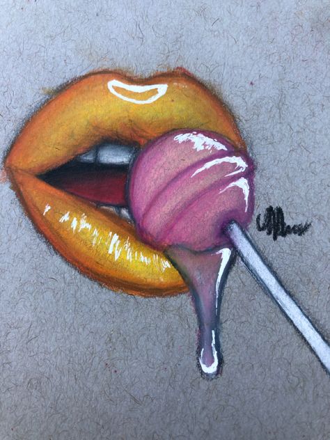 Yellow lips licking a pink lolipop Drippy Lips Drawing, Mouth With Lollipop Drawing, Lemon Lips Drawing, Lips With Lollipop Drawing, Mouth Eating Drawing, Drawing Ideas Lips, Yellow Lips, Ice Drawing, Lemon Drawing