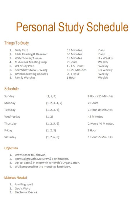 Personal Study routine - Daily schedule can be spread out throughout the day, i.e. Morning, Lunch break, and before bed or all at once. Reading Schedule College, Bible Schedule Reading, Study Schedule Weekly, Jw Bible Reading Schedule, Personal Study Schedule Jw, Jw Schedule, Bible Schedule, Jw Personal Study, Weekly Study Schedule