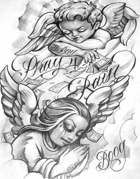 Tattoo Guardian Angel, R.i.p Tattoos For Men, Boog Tattoo, Mr Cartoon Tattoo, Chicano Tattoos Sleeve, Angel Tattoos, Cholo Art, Chicano Tattoos, Chicano Art Tattoos