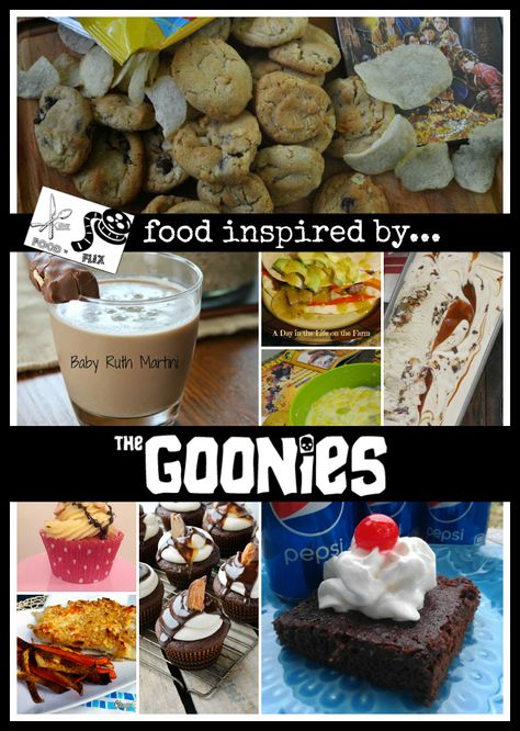 A roundup of food (and drink) inspired by The Goonies for Food 'n Flix. Goonies Themed Food, Goonies Theme Snacks, Goonies Movie Night Food, Goonies Party Food, Goonies Party Ideas, Goonies Party, Movie Inspired Recipes, Themed Dinners Ideas, Family Movie Night Themes