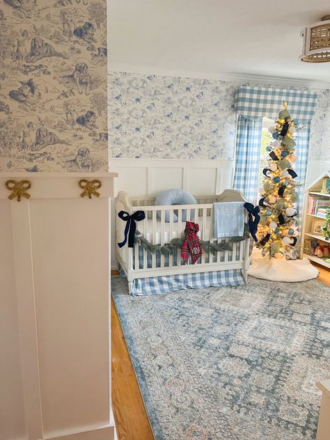 Wallpaper Board And Batten, Nursery Curtains Girl, Nursery Curtains Boy, Preppy Baby Boy, Gingham Curtains, Baby Room Curtains, Cornice Boards, Toile Wallpaper, Baby Boy Bedding