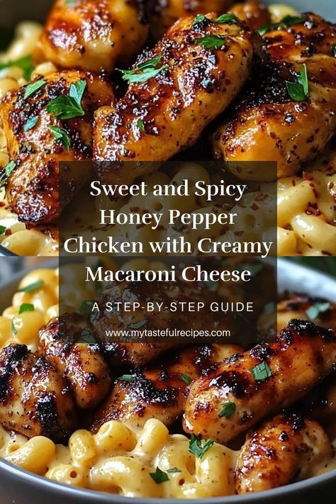 This sweet and spicy Honey Pepper Chicken paired with creamy Macaroni Cheese is the comfort food dinner of your dreams! Perfect for family meals or a cozy night in. Ready to indulge? Chicken Tenders And Mac And Cheese, Affordable Dinners For Two, Chicken Recipes With Mac And Cheese, Mac And Cheese Chicken Recipe, Quick Dinner Ideas Instant Pot, Sweet And Spicy Honey Pepper Chicken With Mac And Cheese, White Chicken Chili Mac And Cheese, Honey Garlic Chicken Mac And Cheese, Chicken And Mac And Cheese Recipes