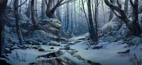 Winter Forest Concept Art, Tyler Edlin, Snow Environment, Winter Kingdom, Winter Environment, Anime Snow, Scenery Ideas, Fantasy Scenery, Frozen Heart