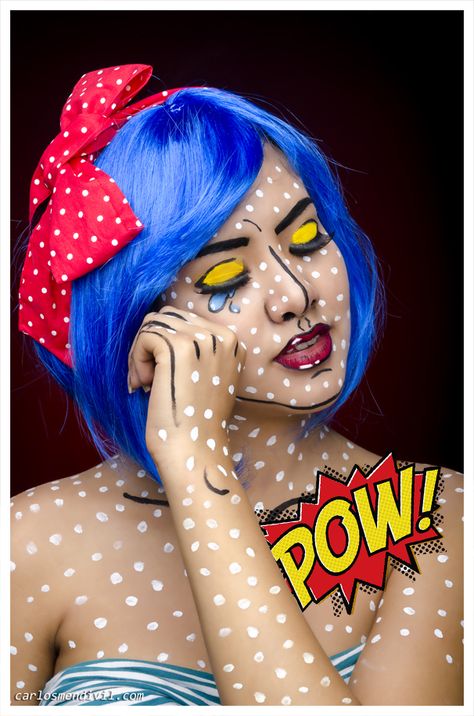 Halloween Costumes Comic Pop Art, Comic Makeup Pop Art Halloween Costumes, Pop Art Makeup Halloween, Cosmetology Activities, Comics Makeup Pop Art, Pop Art Makeup Ideas, Falling Into The Abyss, Pop Art Halloween Costume, Halloween Makeup Costume