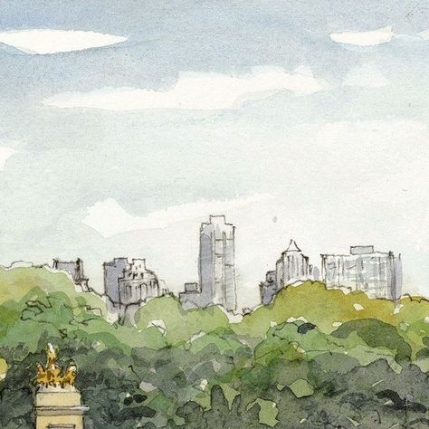 Mac White on Instagram: "Realized through layers of watercolor, Columbus Circle in New York City. ⁠ ⁠ #watercolor #sketch #traditionalarchitecture #architexture #design #inspiration #mgiatravelogue" Central Park Watercolor, City Watercolor Painting Easy, Nyc Watercolor Painting, Watercolor Cityscape Easy, Watercolour Cityscape, New York Watercolor Painting, New York Sketch, City Watercolor Painting, Watercolor Cities