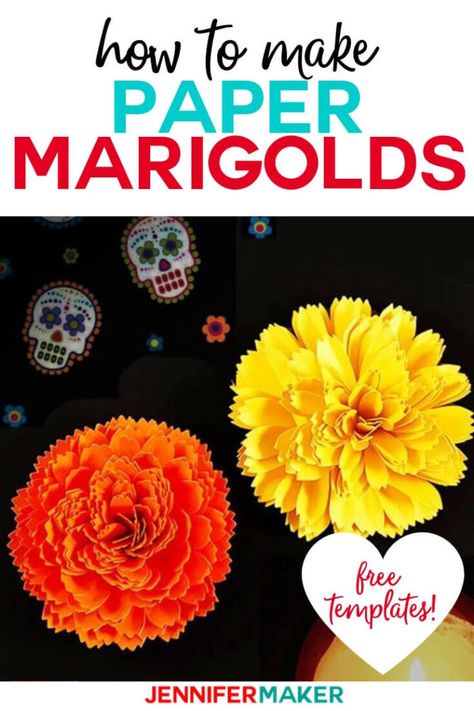 Learn how to make DIY paper marigold with realistically-shaped petals. This project is perfect for autumn and day of the dead.  #cricut #cricutmade #cricutmaker #cricutexplore #svg #svgfile Day Of The Dead Frames Diy, Make Tissue Paper Flowers, Cricut Flowers, Day Of The Dead Diy, Dia De Los Muertos Decorations Ideas, Jennifer Maker, Halloween Cricut, Day Of The Dead Party, Day Of Dead