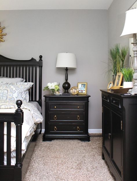 Functional Grey Sherwin Williams, Grey Sherwin Williams, Black Bedroom Furniture Decor, Modern Bedside Table Design, Poster Beds, Dark Bedroom Furniture, Practical Furniture, Bedroom Furniture Makeover, Bedside Table Design