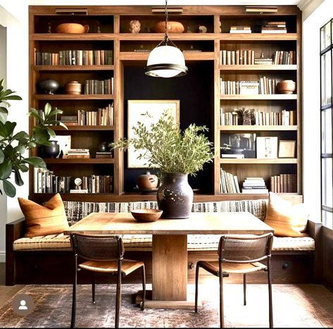 Library Wall Dining Room, Banquette With Bookshelves, Banquet Seating With Bookcase, Dinning Room Library Bookshelves, Built In Shelves Dining Room Mid Century, Library With Dining Table, Built In Book Shelf Wood Back Wall, Parlor Room, Banquet Seating