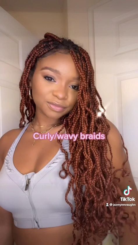 how to curl braids, how to get wavy braids, wavy braids, curly braids, red braids, black girl hair, black girl braids Prom Box Braids Hairstyles, Wavy Box Braids Hairstyles, Black Ginger Braids, Curled Braids For Black Women, Wavy Box Braids Black Women, Short Wavy Braids, Wavy Knotless Box Braids, Curling Box Braids, How To Curl Box Braids