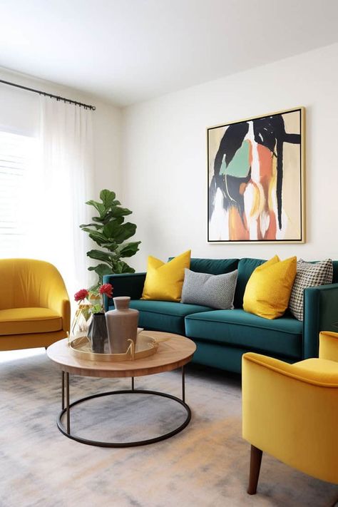 Apartment Patios, Small Apartment Storage Solutions, Apartment Storage Solutions, Apartment Dining Area, Mustard Living Rooms, Contemporary Living Room Chairs, Green Sofa Living, Small Apartment Storage, Mismatched Furniture