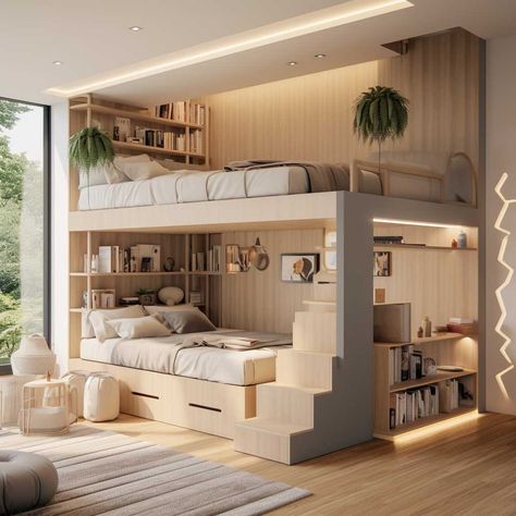 Bedroom Ideas For Small Rooms With Two Beds, Bedroom Design With Loft Bed, 4 People Bedroom Ideas, Bedroom Design 2 Beds, 2 Bedroom Ideas For Small Rooms, Kids Bedroom For 3 Children, Loft Bed Children Room, Small Room Ideas Two Beds, Large Kids Bedroom Layout