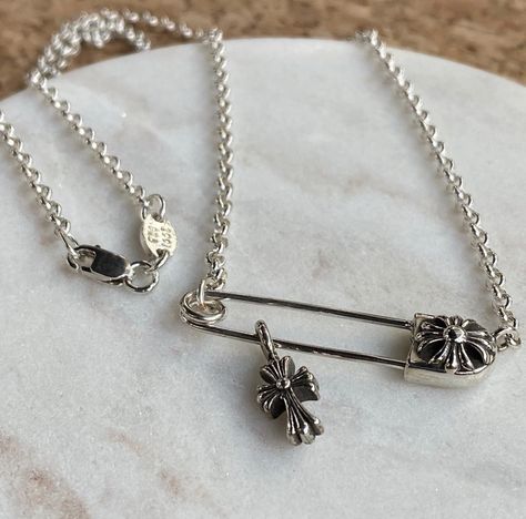 Chrome Hearts Safety Pin Necklace, Chrome Hearts Jewelry, Hearts Jewelry, Pin Necklace, Funky Jewelry, Chrome Hearts, Dream Jewelry, Jewelry Inspo, Silver Chain Necklace