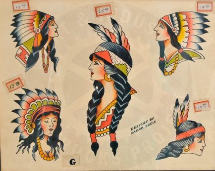 TattooGallery PG 4 Indian Pinup Tattoo, Native American Tattoo Flash, Traditional Tattoo Girls, Indian Girl Tattoos, Antique Tattoo, Indian Tattoos, Traditional Tattoo Flash Art, Traditional Tattoo Inspiration, Vintage Tattoo Design