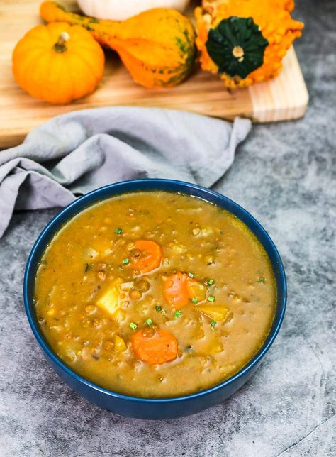 Lentil Pumpkin Soup Pumpkin Lentil Soup, Pumpkin Lentil, Pumpkin Soup Healthy, Lentil Sausage Soup, Pinto Bean Soup, Vegan Tomato Soup, Sandwich Sauces, Vegan Lentil Soup, Yellow Lentils