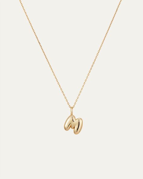 A small, 14K gold removeable pendant glides along a 14K gold, diamond cut cable chain. These instant heirlooms are slow-crafted from recycled 14K gold and make the perfect gift—for you or them. Wear your favorite letter around your neck and add a personalized touch to your chain stack. This design includes a shortening ring, making it easy to adjust and wear at 16.5" or 18". 14K recycled yellow golddiamond cut cable chainspring ring claspfinish: high polish product measurements:chain length: 41. Bubble Letter Necklace Gold, Valentine's Jewellery, Shuffle Outfit, Chain Stack, Bubble Letter Necklace, Jewelry Stack, M Jewelry, M Necklace, 2024 Wishlist