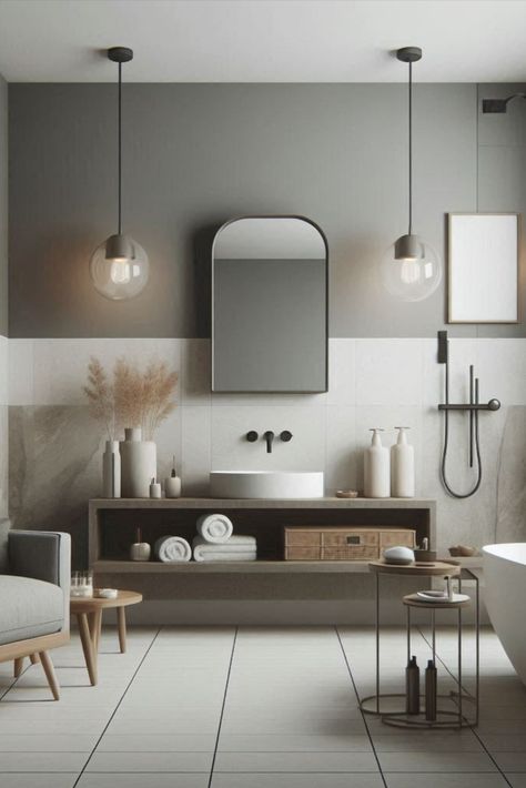 Embrace minimalism with this sophisticated greige (grey-beige) and white palette. Less is more in bathroom design. #MinimalistBathroom #GreigeAndWhite Grey Cabinet Bathroom Ideas, Grey And Beige Bathroom, Greige Bathroom, Grey Bathroom Cabinets, Bathroom Color Schemes, White Palette, Beige Bathroom, Bathroom Color, Granny Flat