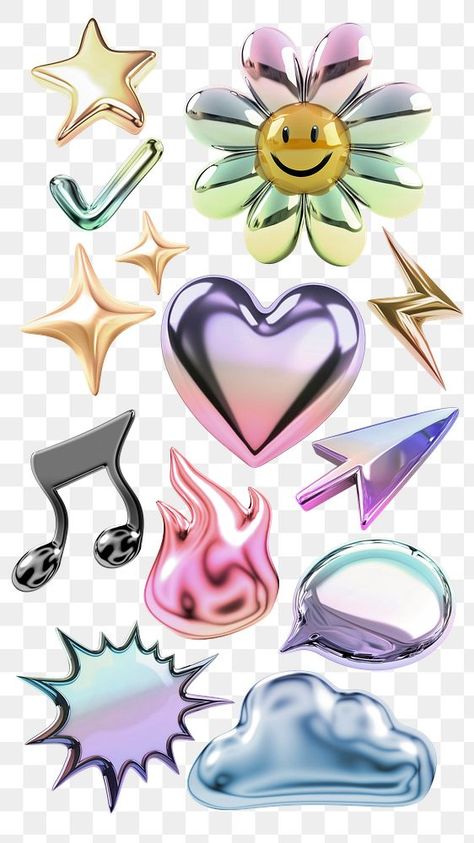 Futuristic Icons, Y2k Elements, Font Canva Lettering, Chrome Star, 3d Gradient, Aesthetic Elements, Y2k Stickers, Star Png, Holographic Design