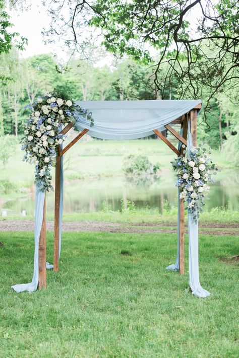 Dusty Blue Lake Wedding, Spring Wedding Blue And Green, Dusty Blue And Sage Green Wedding Arch, Dusty Blue Outdoor Wedding, Dusty Blue Rustic Wedding Ceremony Decor, Soft Blue And Green Wedding, Olive Green And Dusty Blue Wedding, Dusty Blue Sage Green Lilac Wedding, Wedding Arch Dusty Blue