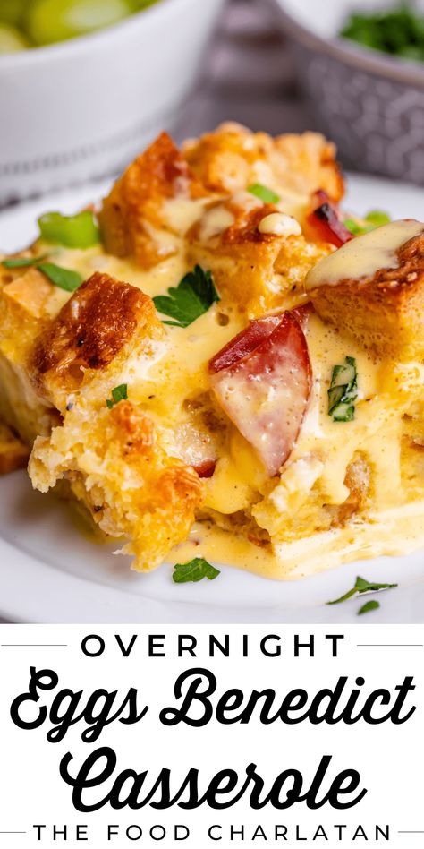 Eggs Benedict Casserole Recipe from The Food Charlatan. This Eggs Benedict Casserole recipe is an overnight wonder. English muffins are layered with Canadian bacon, then topped with an egg mixture before you bake. It has all the flavor of classic Eggs Benedict, but you can make it the night before. It's easy, delicious, and the perfect make-ahead meal for holidays! Overnight breakfast casseroles forever! Perfect brunch for Mother's Day, Father's Day, Christmas, Easter, Thanksgiving, any holiday! Benedict Casserole, Eggs Benedict Casserole, Breakfast Casserole Recipes, Egg Benedict, The Food Charlatan, Overnight Breakfast Casserole, Overnight Breakfast, Breakfast Prep, Breakfast Casseroles