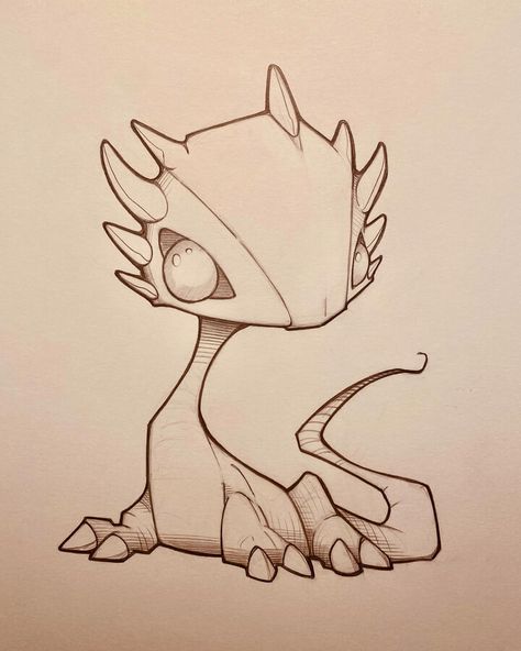 Fantasy Animals Drawing Sketch, Fantasy Creatures Sketch, Fantasy Creatures Drawings Sketches, Fantasy Creatures Drawings, Ink Creature, Cute Baby Dragon, Dragon Cartoon, Monster Sketch, Cute Dragon Drawing