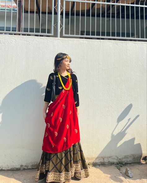 Bodo Traditional Dress, Rai Dress Nepali, Gurung Dress Traditional, Nepali Dress Traditional, Nepali Traditional Dress, Magar Dress Nepali, Magar Dress, Nepali Aesthetic, Nepali Dress