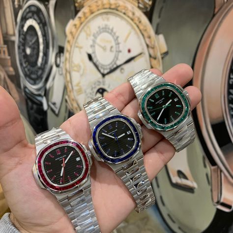 Patek Philippe Nautilus After Market set with Rubies,Sapphires or Emeralds Patek Philippe Emerald, Patek Philippe World Time, Phillip Patek Watches, Patek Philippe Factory Diamond, Patek Phillipe, Patek Philippe Celestial, Patek Watches, Patek Phillipe Aquanaut, Branded Jewellery