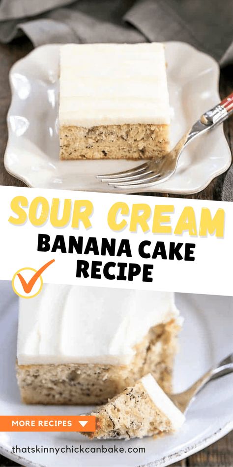 Sour Cream Banana Cake - a tender banana cake topped with a luscious layer of cream cheese frosting! This southern classic is a perfect treat to make with your overripe bananas. Sour Cream Banana Cake, Banana Sour Cream Cake, Leftover Bananas, Banana Sheet Cakes, Ripe Banana Recipe, Lemon And Coconut Cake, Southern Cake, Dessert Cakes, Cupcakes Recipes