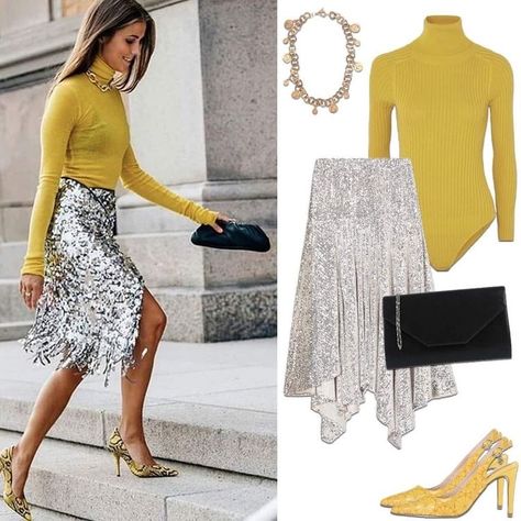 Sweater Outfits Dressy, Skirt With Sweater Outfit, Silver Sequin Skirt, Silver Skirt, Glamorous Outfits, Coctail Dresses, Moda Outfit, 2024 Outfits, Outfit Look