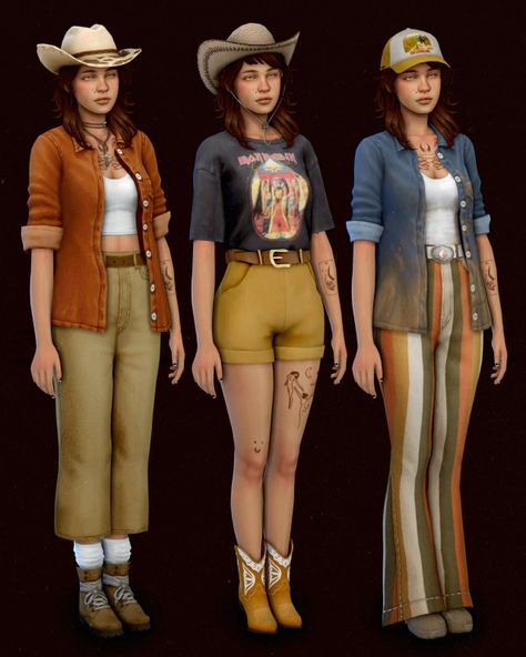 Y2k Mens Sims 4 Cc, Chestnut Ridge Sims 4, Sims Fits, Vanilla Outfits, Shorts And Fishnets, Ranch Outfits, Ts4 Lookbook, Shorts Boots, Farmer Outfit