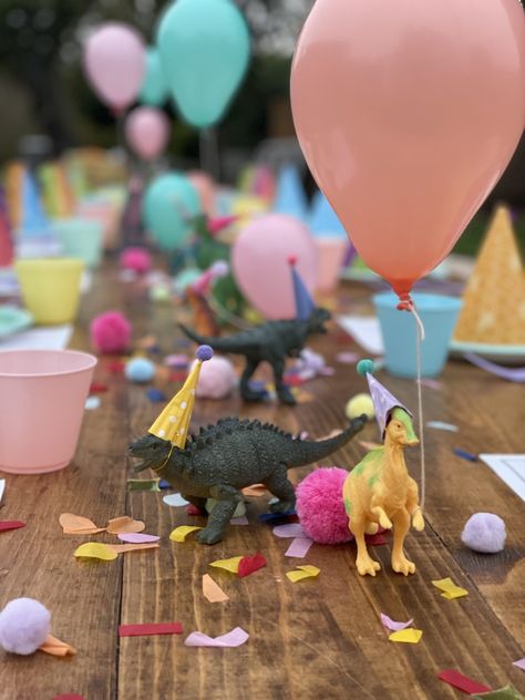 Dinosaur Decorations Party, Dinosaur Party Table, Dinosaur Party Balloons, Dino First Birthday, Birthday On A Budget, Dinosaur Backdrop, Dinosaur Birthday Theme, Girl Dinosaur Birthday, Dinosaur Birthday Party Decorations