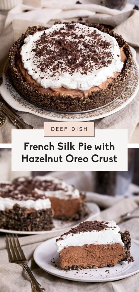 THE BEST French Silk Pie ever. It has a hazelnut oreo cookie crust, and is incredibly rich and decadent. Your friends and family will be impressed and in love with this indulgent recipe! #pierecipe #indulge #chocolaterecipes #dessertideas Silk Pie Recipe, French Silk Pie, Silk Pie, Fudge Pie, Oreo Cookie Crust, Ambitious Kitchen, Oreo Crust, Oreo Cookie, French Silk