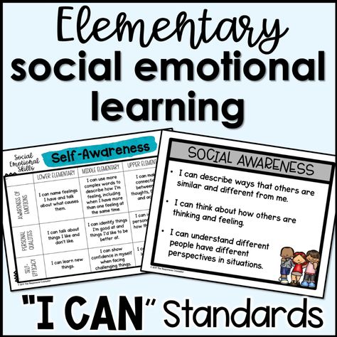 Social Emotional Learning SEL Standards and "I Can" Statements - Shop The Responsive Counselor Counseling Skills, Feelings Games, Mini Posters, Counseling Lessons, Elementary School Counseling, I Can Statements, School Leadership, List Of Skills, Behavior Modification