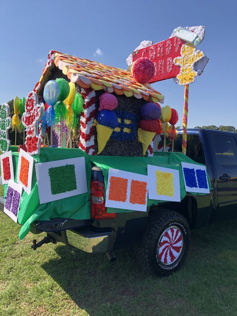 Candy land float Candy Land Themed Parade Float, Candy Land Homecoming Float, Candy Land Homecoming, Daycare Parade Float Ideas, Candy Land Christmas Parade Float, Candyland Homecoming Float, Candy Land Christmas Float Ideas, Christmas Floats Parade Ideas Candy Land, Candy Land Float Ideas