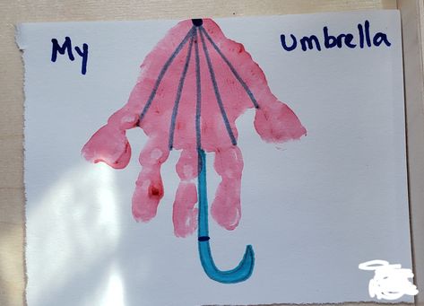 #infantprojects #handprintart #spring #weather Umbrella Handprint Craft, April Shower Crafts For Toddlers, April Showers Handprint Art, Rain Crafts For Infants, Spring Art For Toddlers Simple, Umbrella Crafts For Toddlers, Weather Infant Art, Weather Crafts Infants, Weather Activities Infants